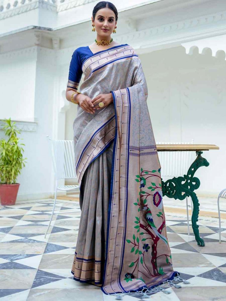 Grey Kanjivaram Silk Handwoven Wedding Festival Heavy Border Saree