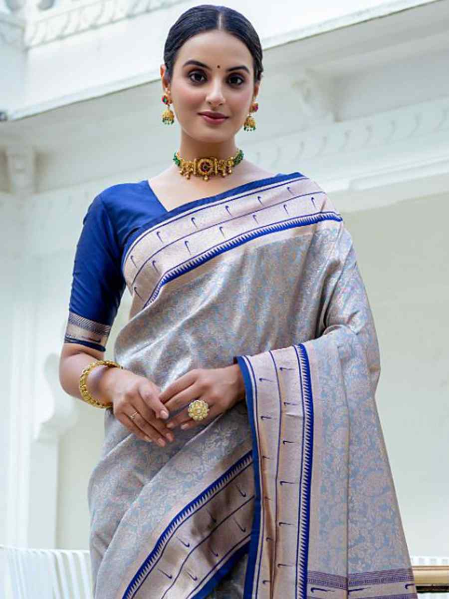 Grey Kanjivaram Silk Handwoven Wedding Festival Heavy Border Saree