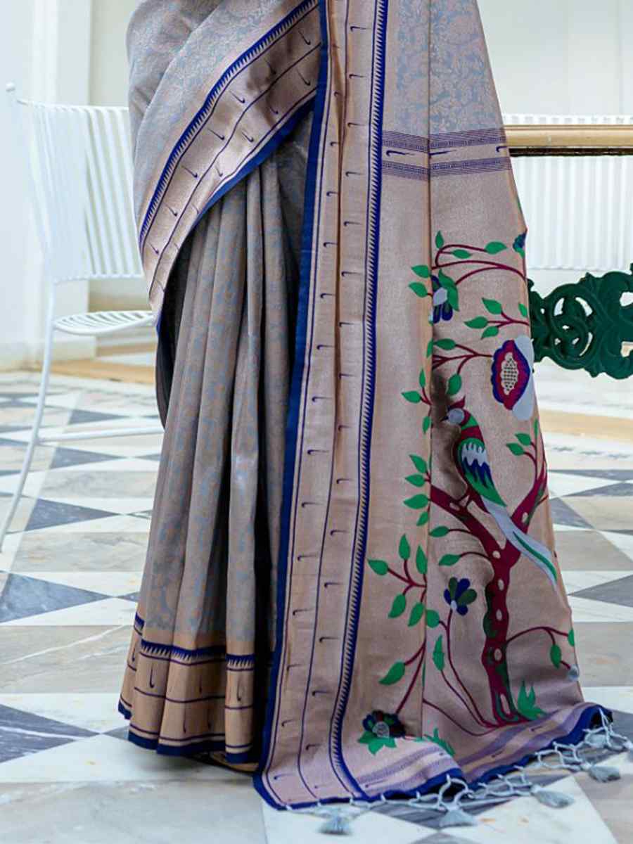 Grey Kanjivaram Silk Handwoven Wedding Festival Heavy Border Saree