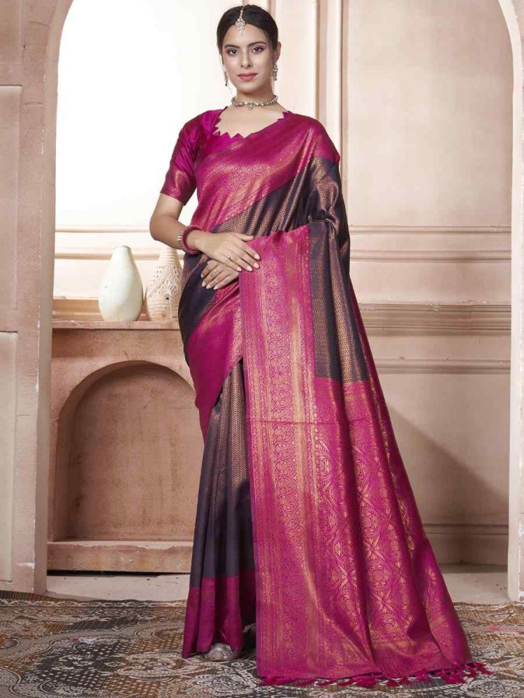 Grey Kanjivaram Silk Handwoven Wedding Festival Heavy Border Saree