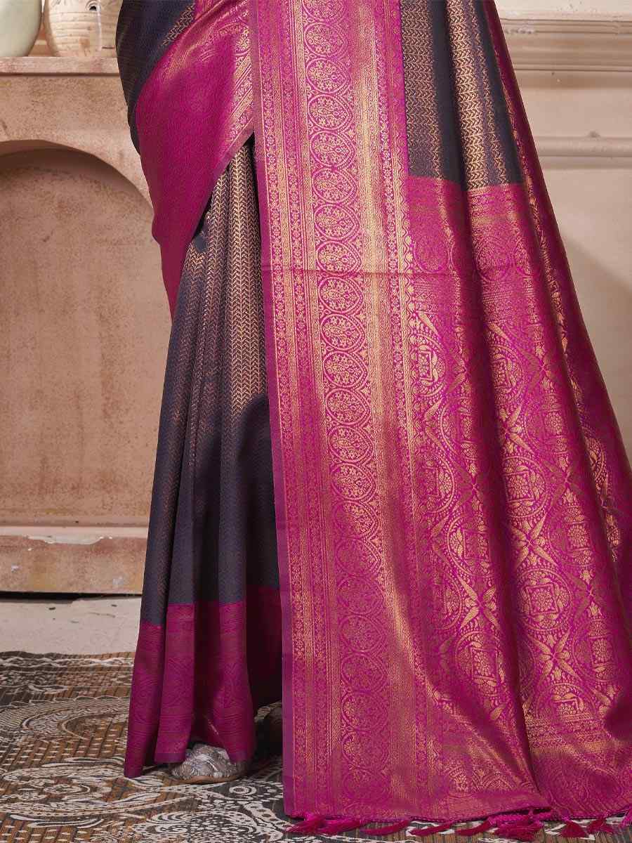 Grey Kanjivaram Silk Handwoven Wedding Festival Heavy Border Saree