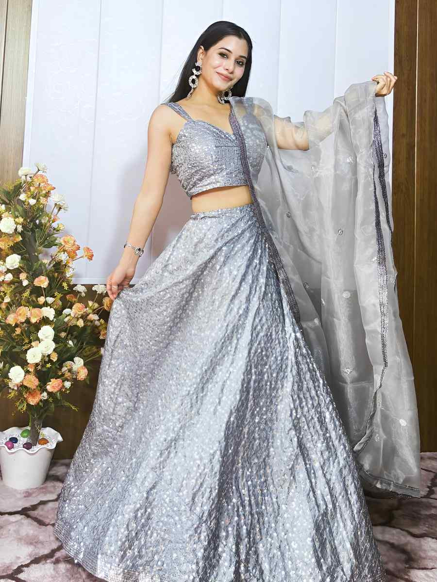 Grey Kasturi Crep Silk Embroidered Wedding Festival Heavy Border Lehenga Choli