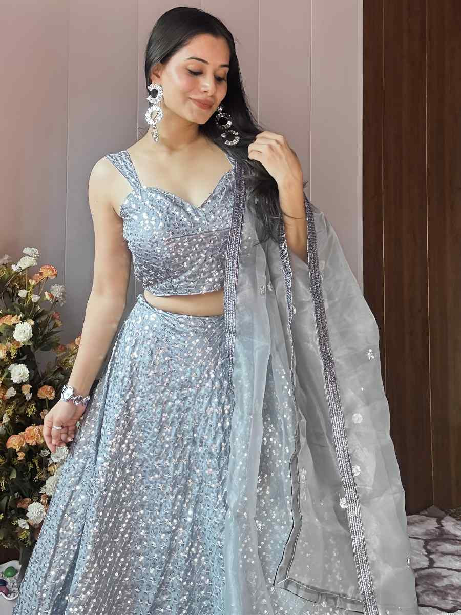Grey Kasturi Crep Silk Embroidered Wedding Festival Heavy Border Lehenga Choli