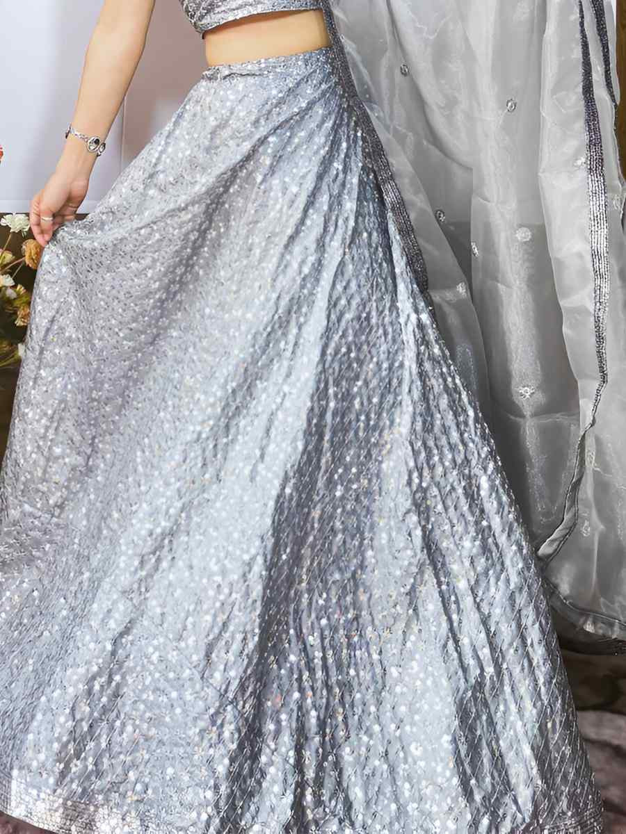 Grey Kasturi Crep Silk Embroidered Wedding Festival Heavy Border Lehenga Choli