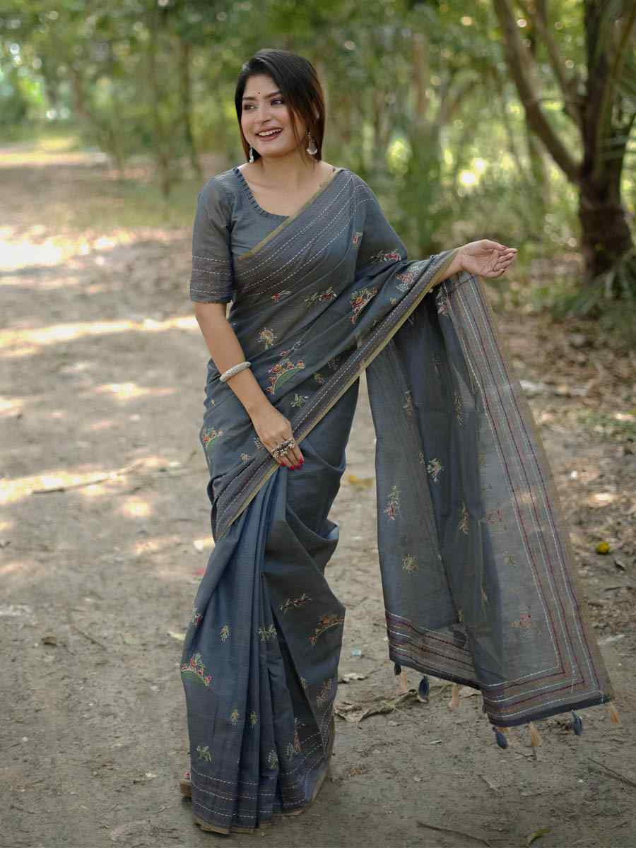 Grey Khadi Tussar Silk Embroidery Festival Wedding Fancy Heavy Border Saree