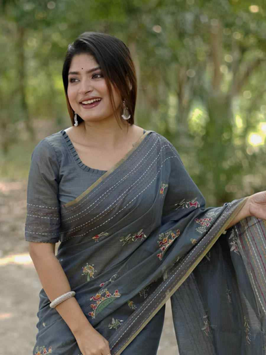 Grey Khadi Tussar Silk Embroidery Festival Wedding Fancy Heavy Border Saree