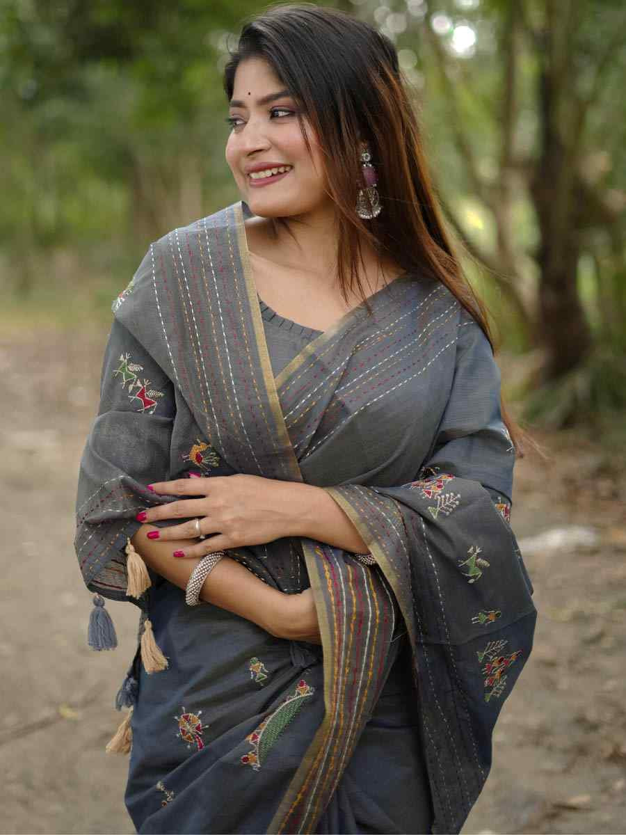 Grey Khadi Tussar Silk Embroidery Festival Wedding Fancy Heavy Border Saree