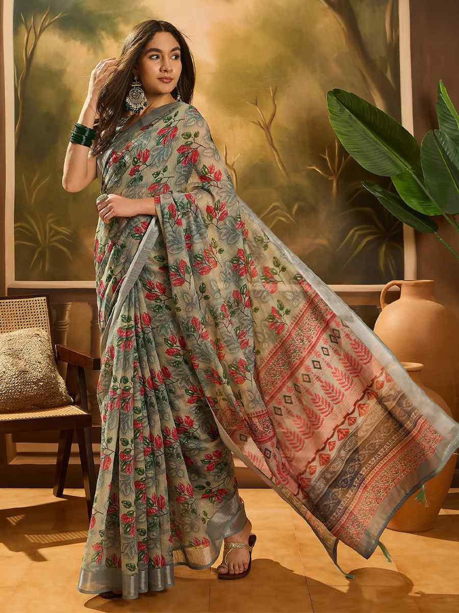Grey Linen Cotton Blend Handwoven Printed Casual Reception Festival Wedding Fancy Heavy Border Saree