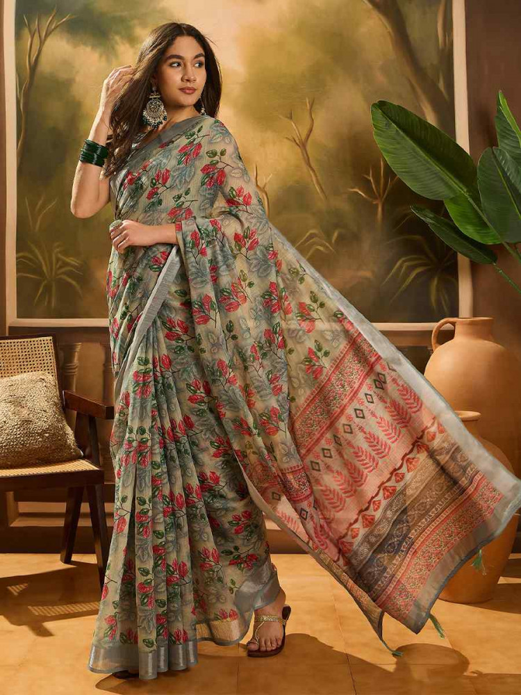 Image of Grey Linen Cotton Blend Handwoven Printed Casual Reception Festival Wedding Fancy Heavy Border Saree