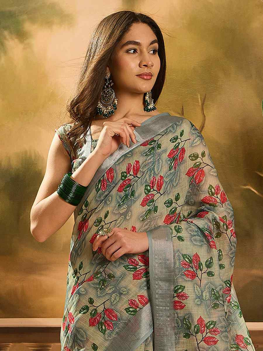 Grey Linen Cotton Blend Handwoven Printed Casual Reception Festival Wedding Fancy Heavy Border Saree