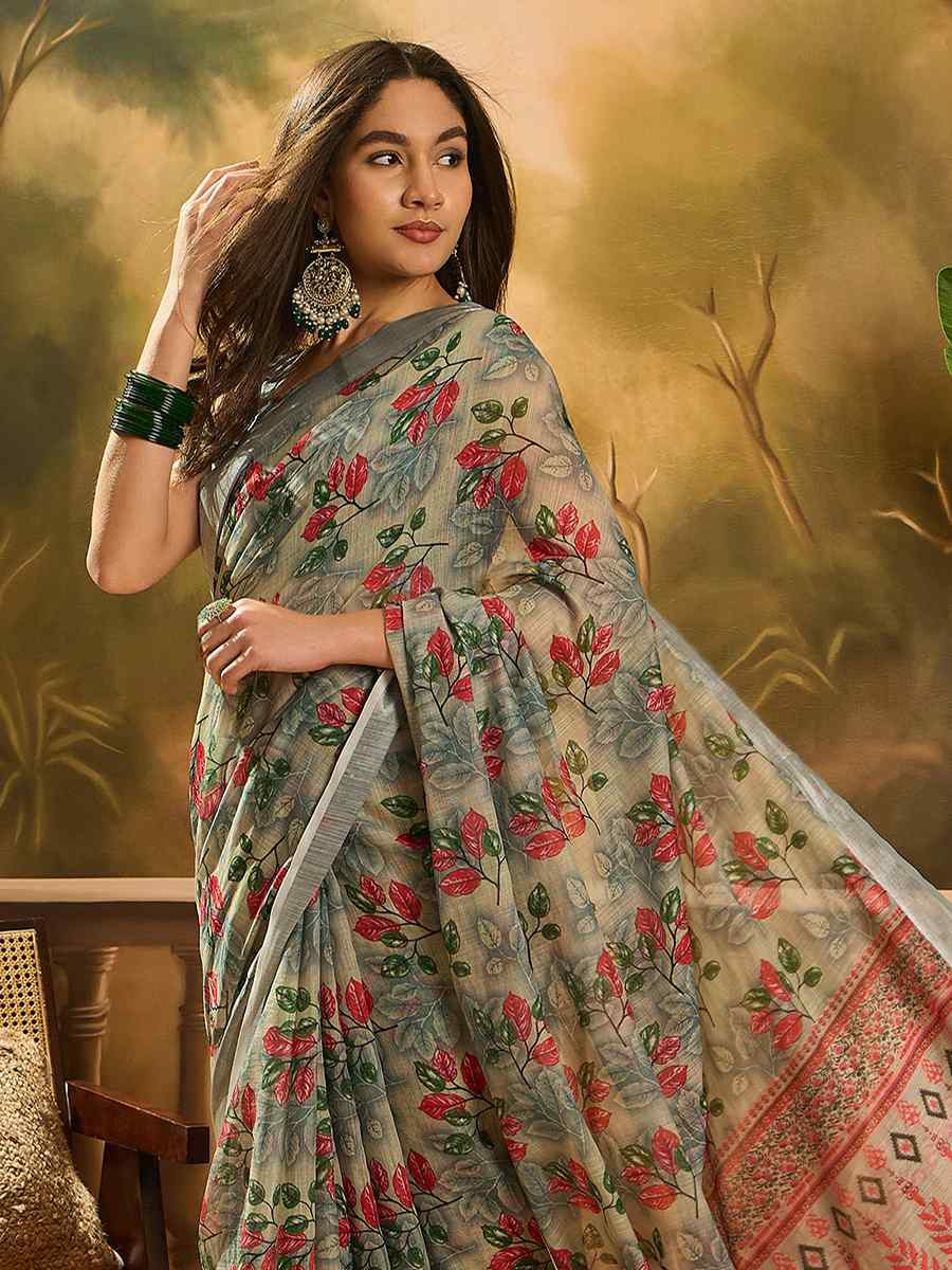 Grey Linen Cotton Blend Handwoven Printed Casual Reception Festival Wedding Fancy Heavy Border Saree