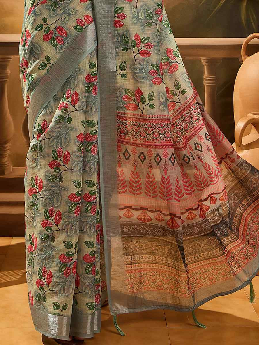 Grey Linen Cotton Blend Handwoven Printed Casual Reception Festival Wedding Fancy Heavy Border Saree