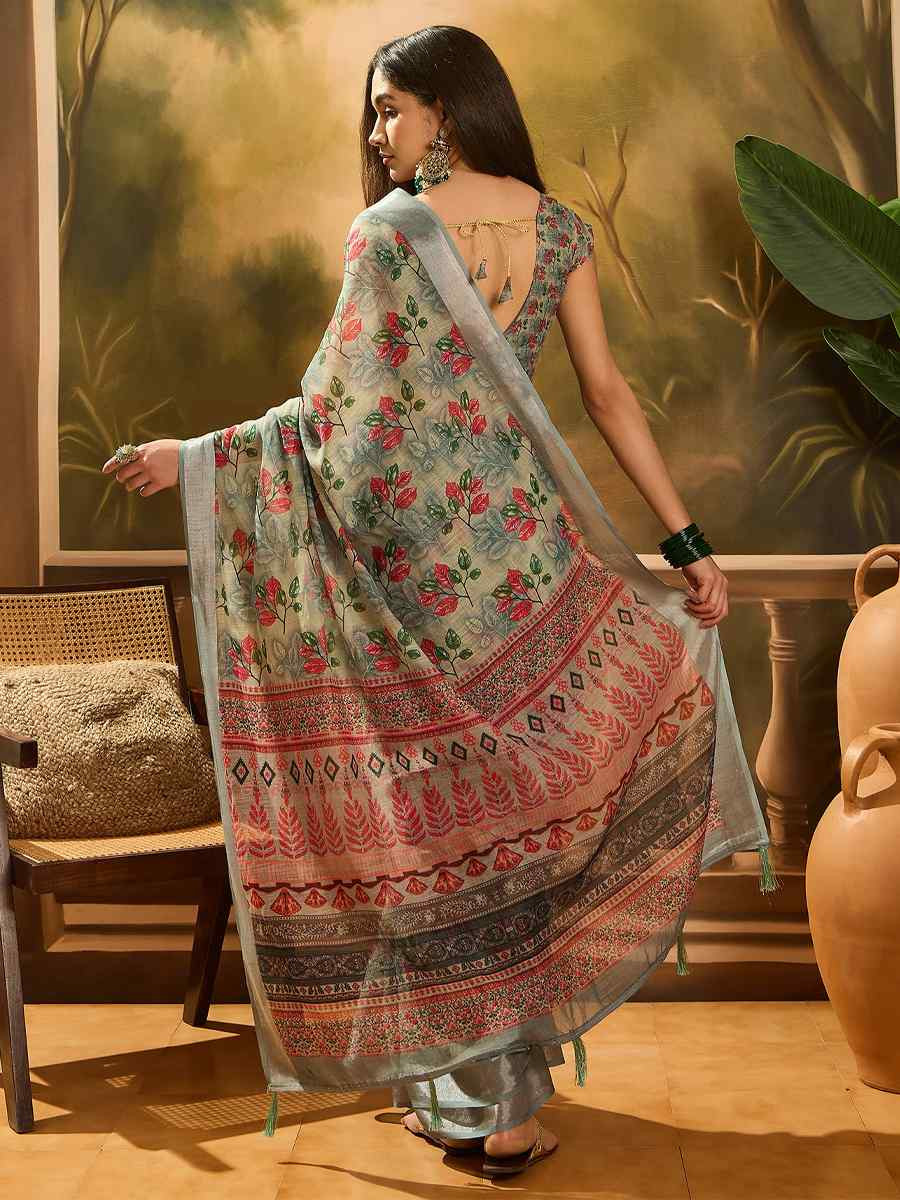 Grey Linen Cotton Blend Handwoven Printed Casual Reception Festival Wedding Fancy Heavy Border Saree
