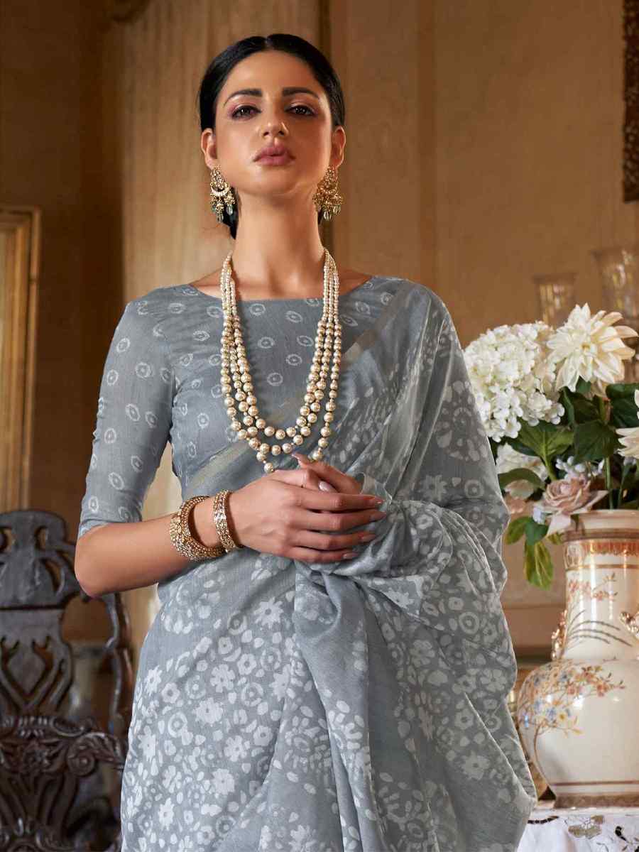 Grey Linen Cotton Printed Casual Festival Contemporary Saree