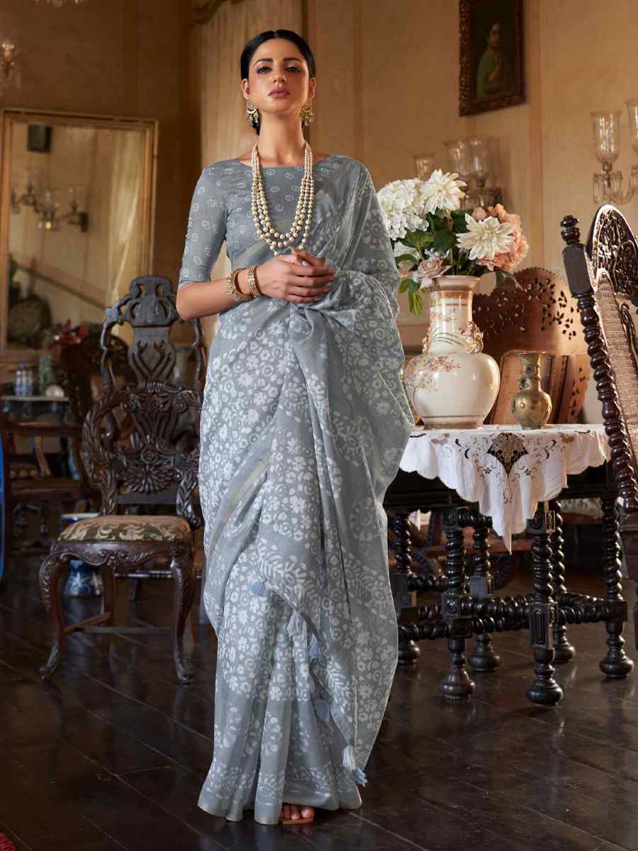 Grey Linen Cotton Printed Casual Festival Contemporary Saree