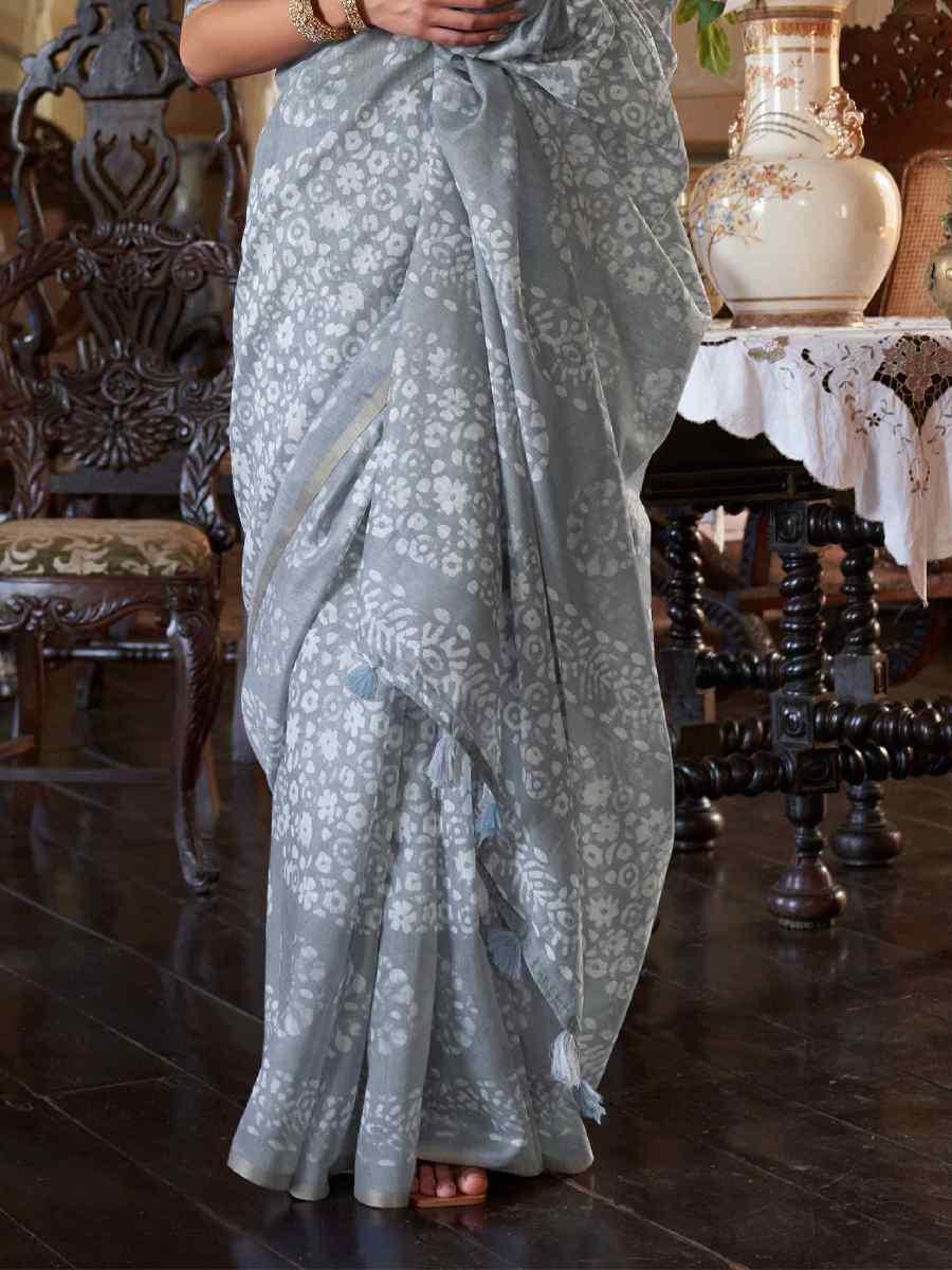 Grey Linen Cotton Printed Casual Festival Contemporary Saree