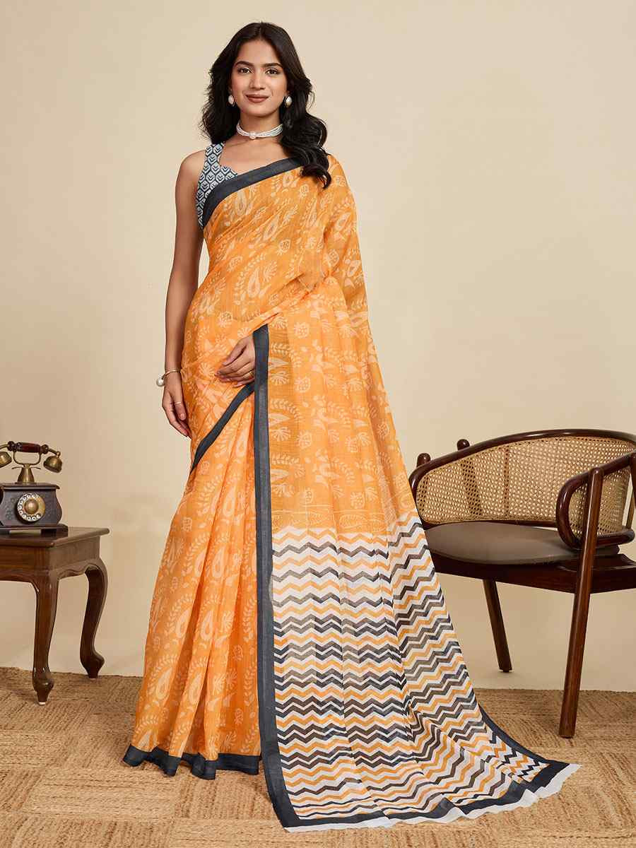 Grey Linen Cotton Printed Handwoven Traditional Casual Festival Fancy Classic Style Sarees