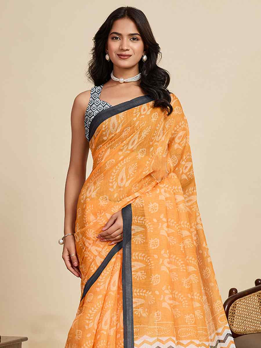 Grey Linen Cotton Printed Handwoven Traditional Casual Festival Fancy Classic Style Sarees