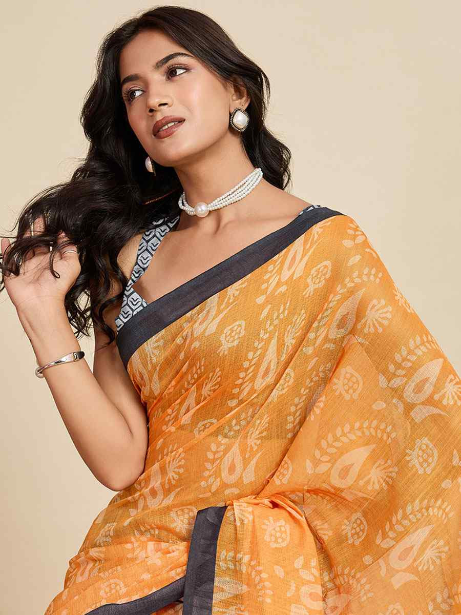 Grey Linen Cotton Printed Handwoven Traditional Casual Festival Fancy Classic Style Sarees