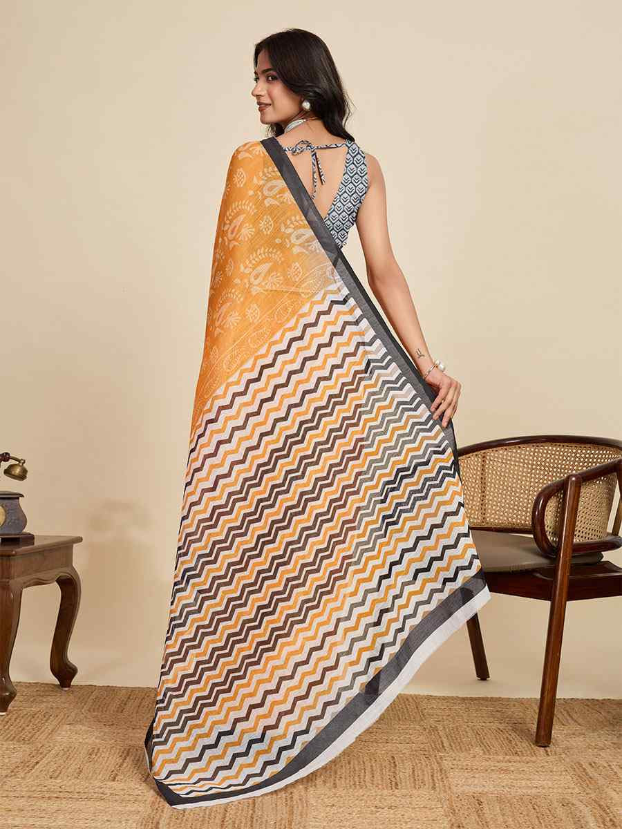 Grey Linen Cotton Printed Handwoven Traditional Casual Festival Fancy Classic Style Sarees