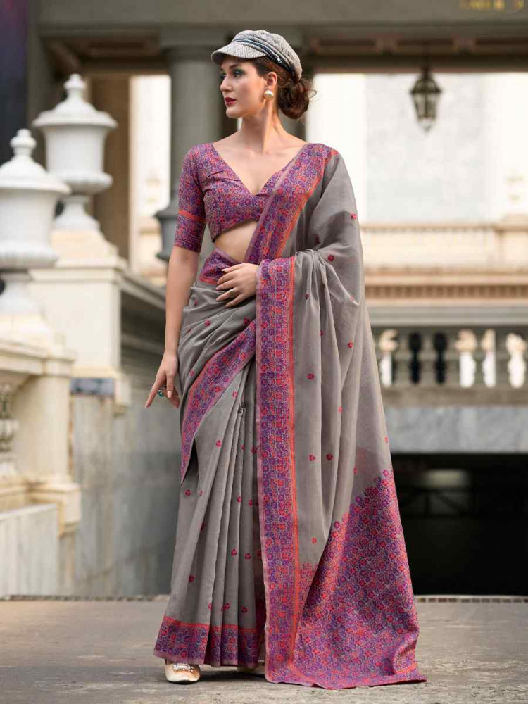 Image of Grey Linen Cotton Silk Handwoven Festival Wedding Fancy Heavy Border Saree