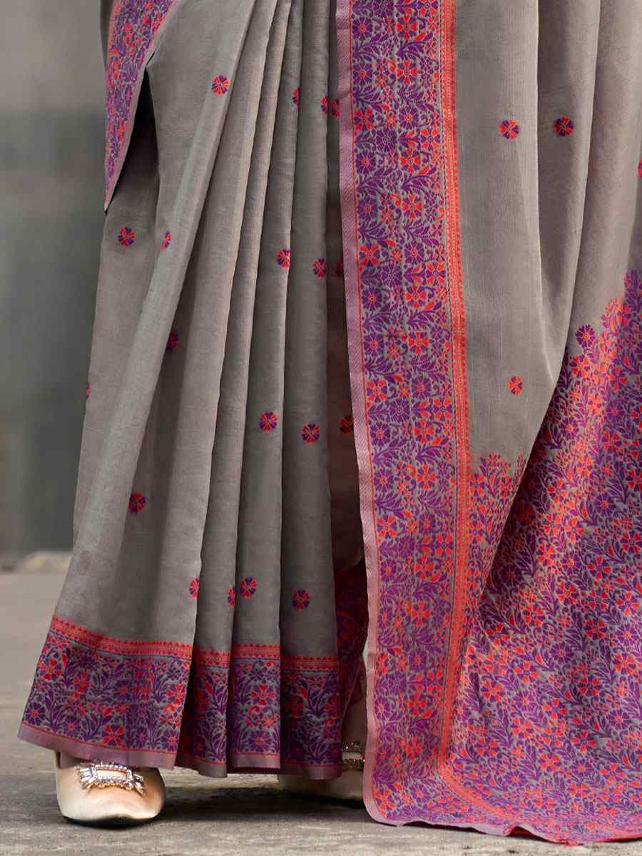 Grey Linen Cotton Silk Handwoven Festival Wedding Fancy Heavy Border Saree