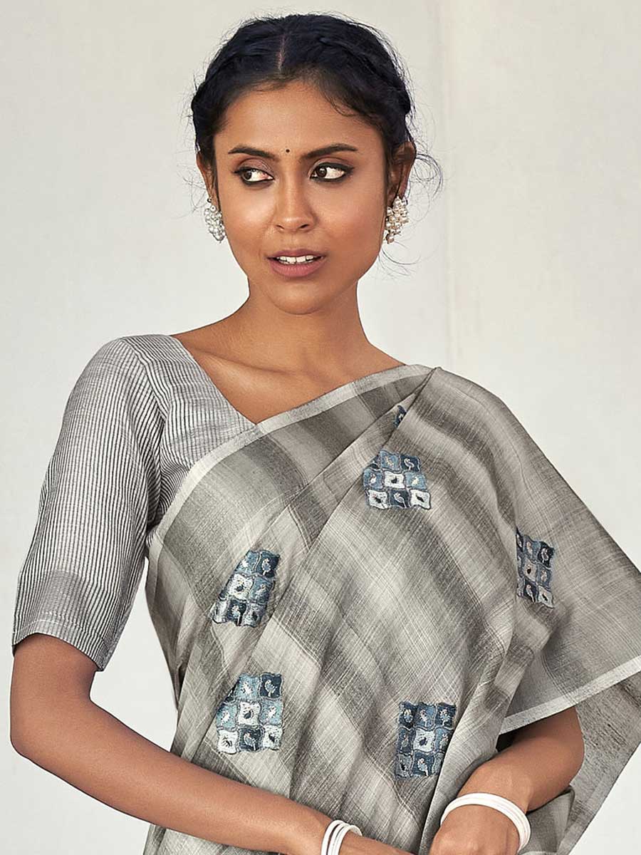 Grey Linen Embroidered Festival Saree
