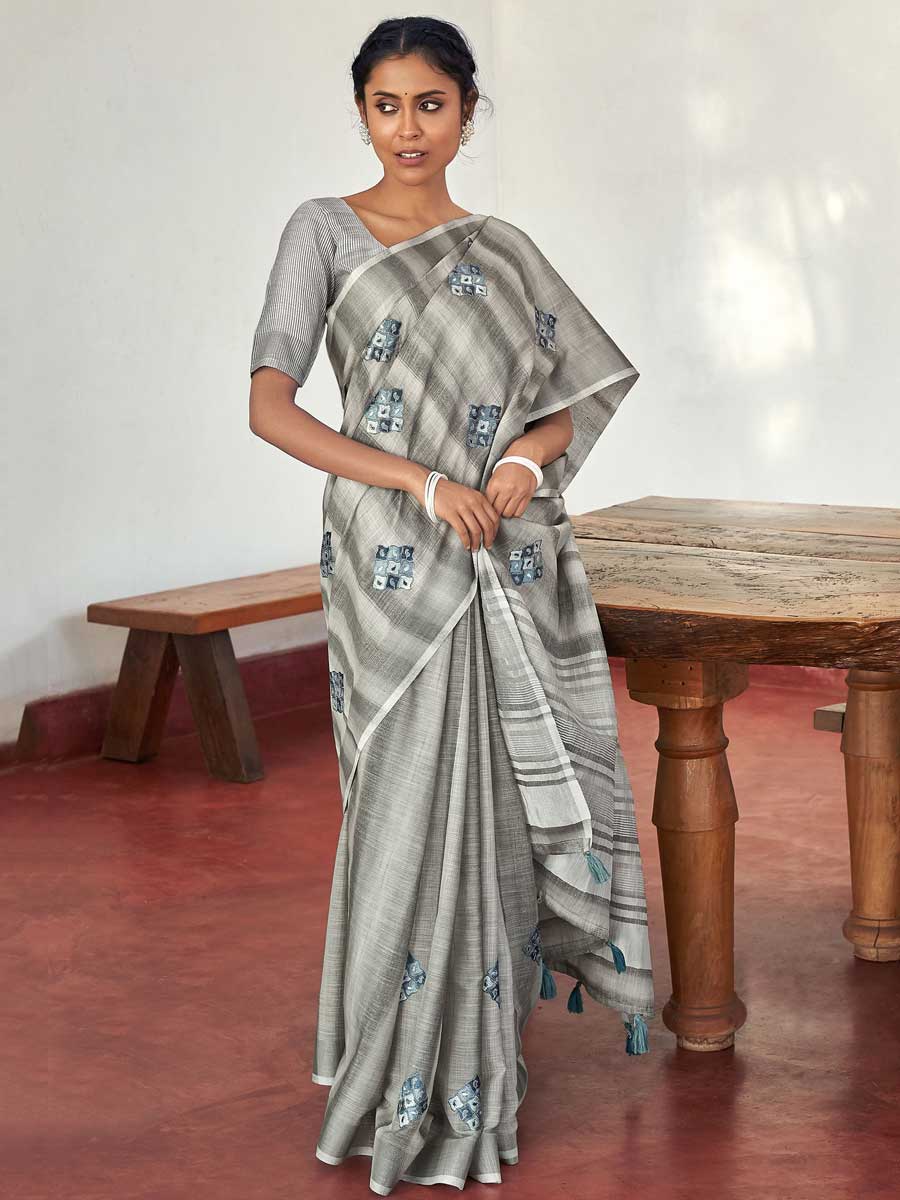Grey Linen Embroidered Festival Saree