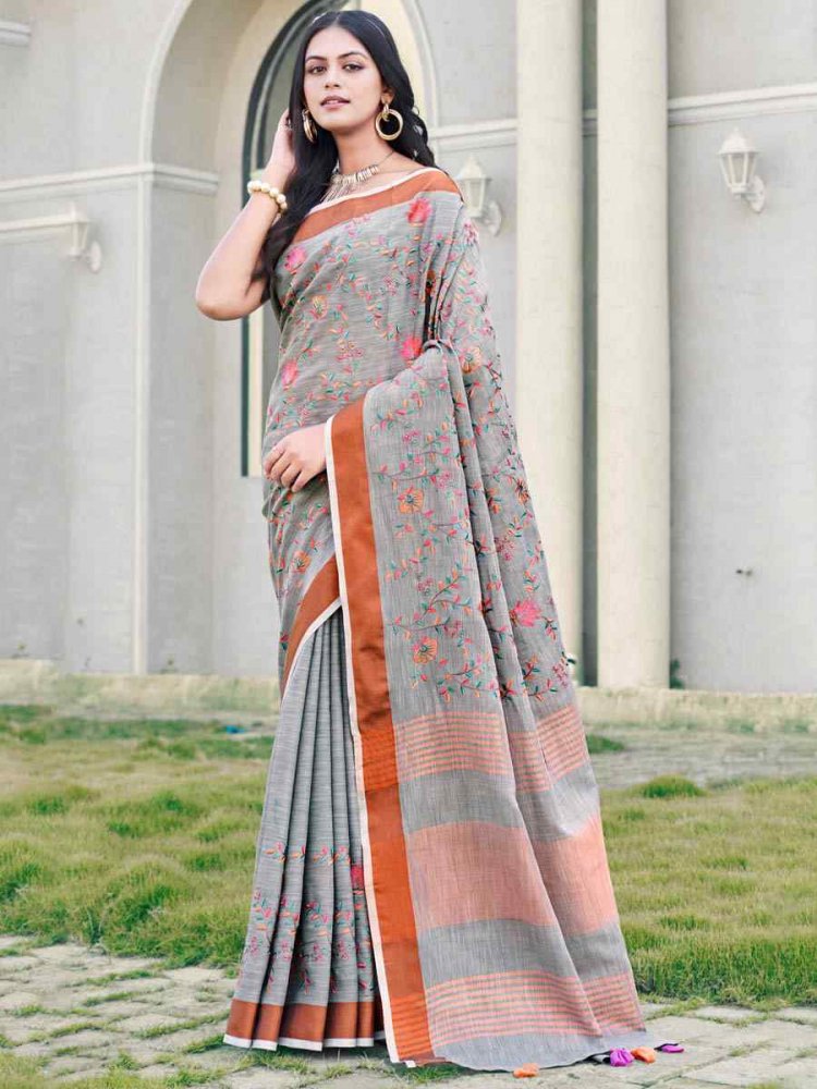 Grey Linen Handwoven Casual Festival Heavy Border Saree