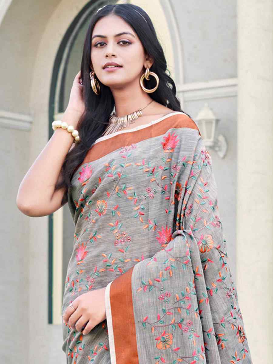 Grey Linen Handwoven Casual Festival Heavy Border Saree