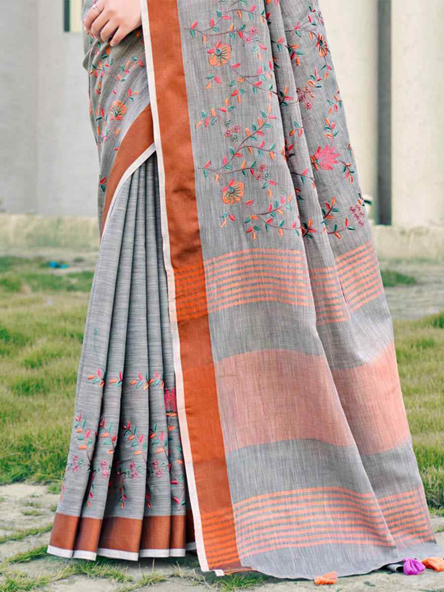 Grey Linen Handwoven Casual Festival Heavy Border Saree