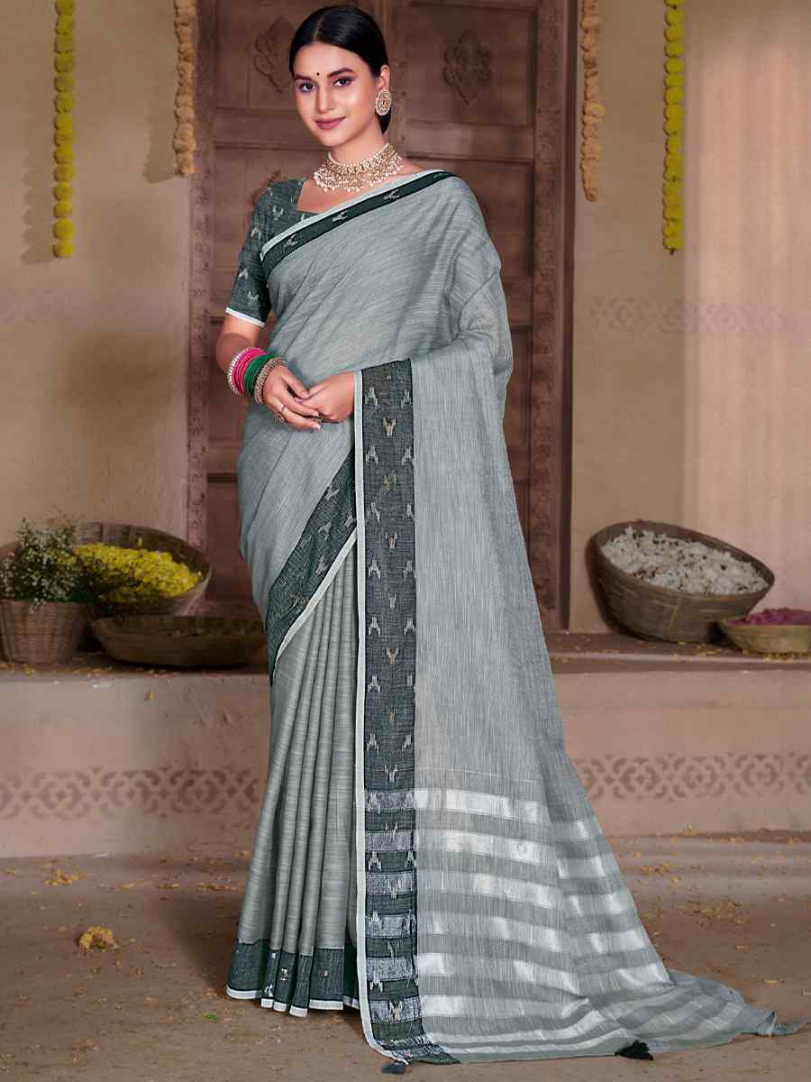 Grey Linen Handwoven Casual Festival Heavy Border Saree