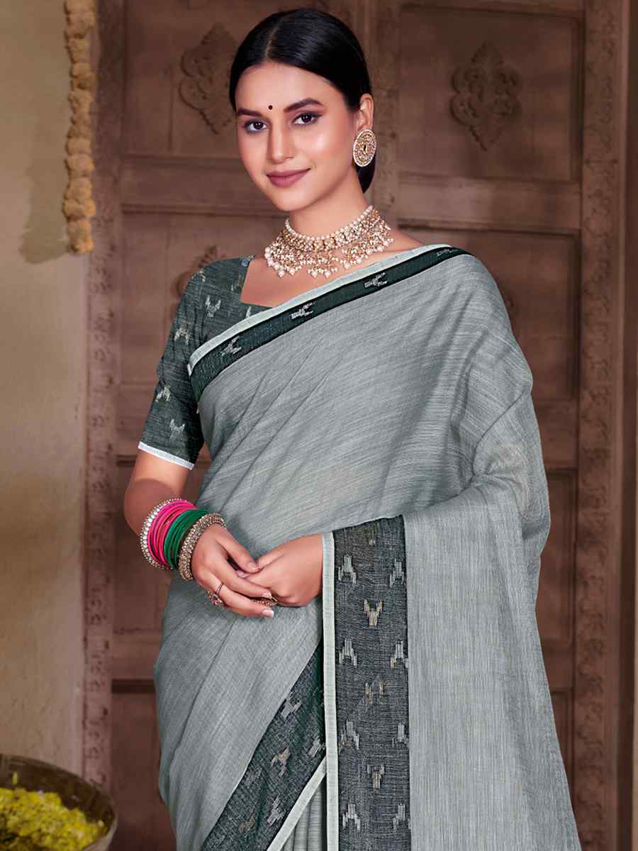 Grey Linen Handwoven Casual Festival Heavy Border Saree