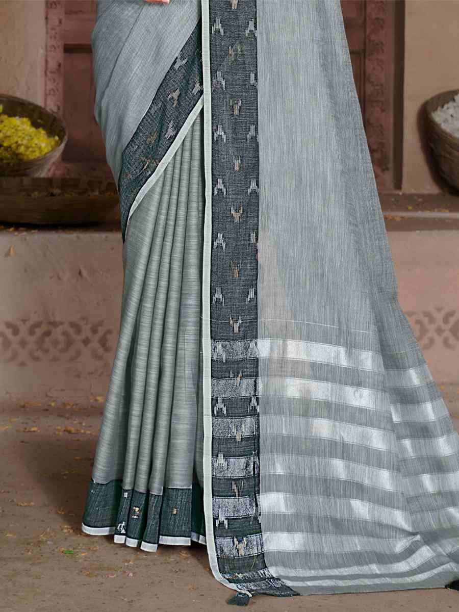 Grey Linen Handwoven Casual Festival Heavy Border Saree