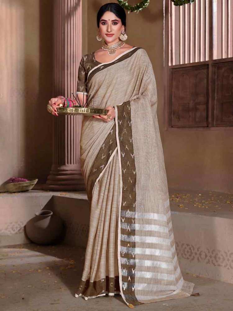 Grey Linen Handwoven Casual Festival Heavy Border Saree