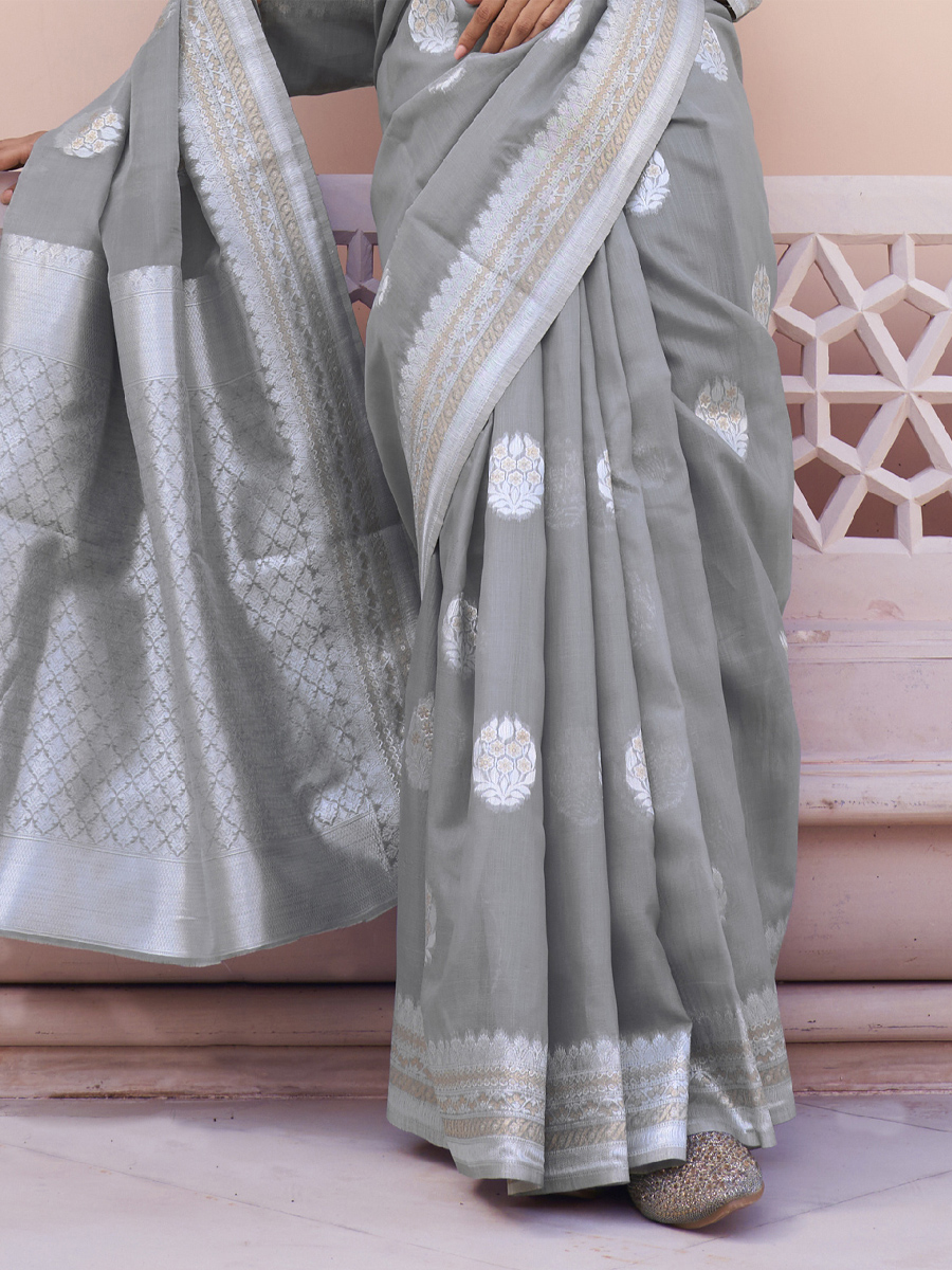 Grey Linen Handwoven Wedding Festival Heavy Border Saree
