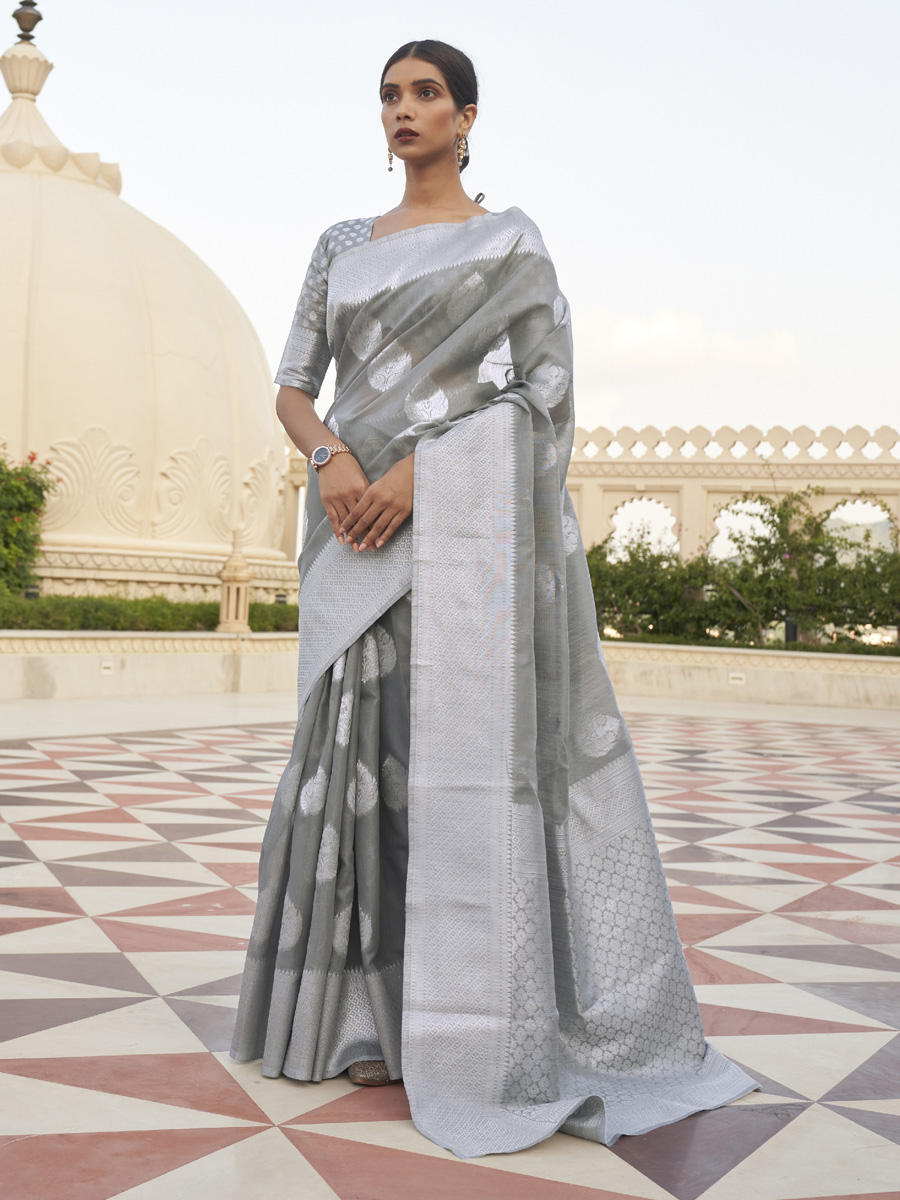 Grey Linen Handwoven Wedding Festival Heavy Border Saree