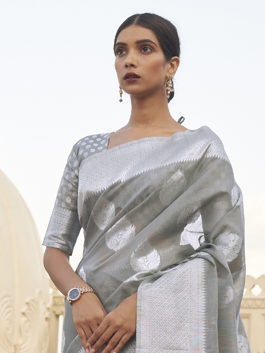 Grey Linen Handwoven Wedding Festival Heavy Border Saree