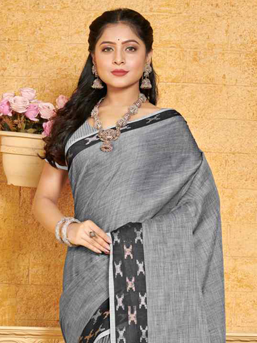 Grey Linen Handwoven Wedding Festival Heavy Border Saree