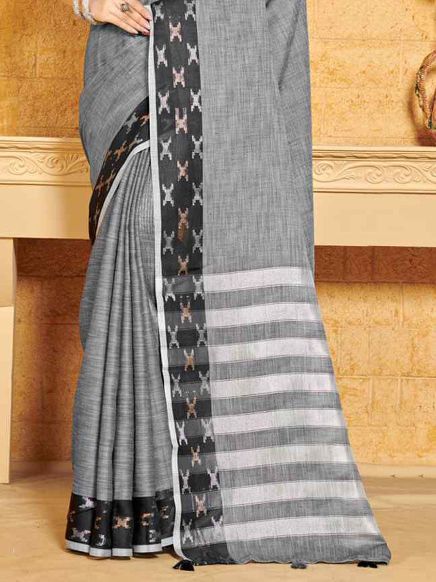 Grey Linen Handwoven Wedding Festival Heavy Border Saree