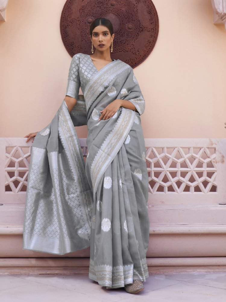 Grey Linen Handwoven Wedding Festival Heavy Border Saree