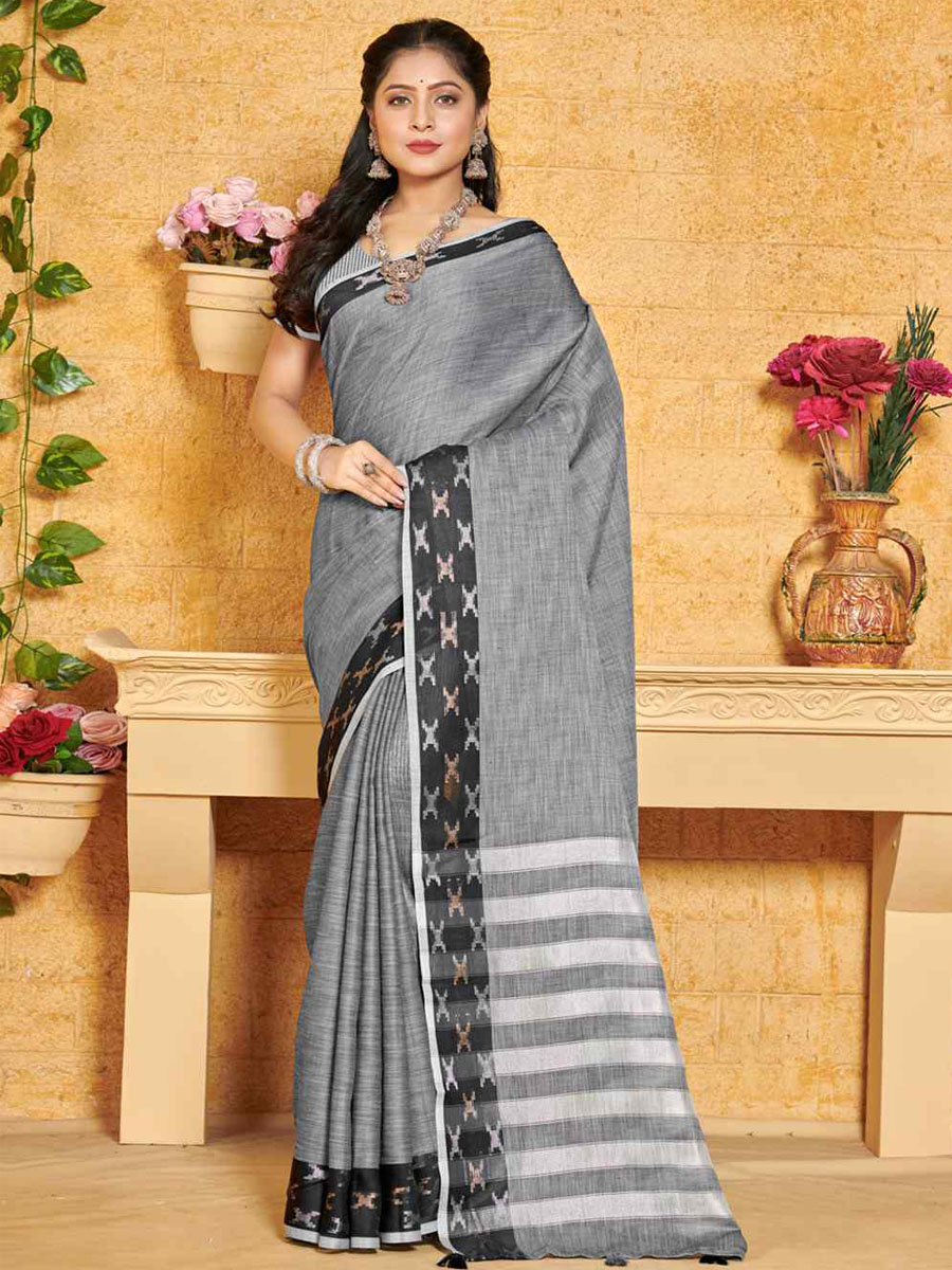 Grey Linen Handwoven Wedding Festival Heavy Border Saree