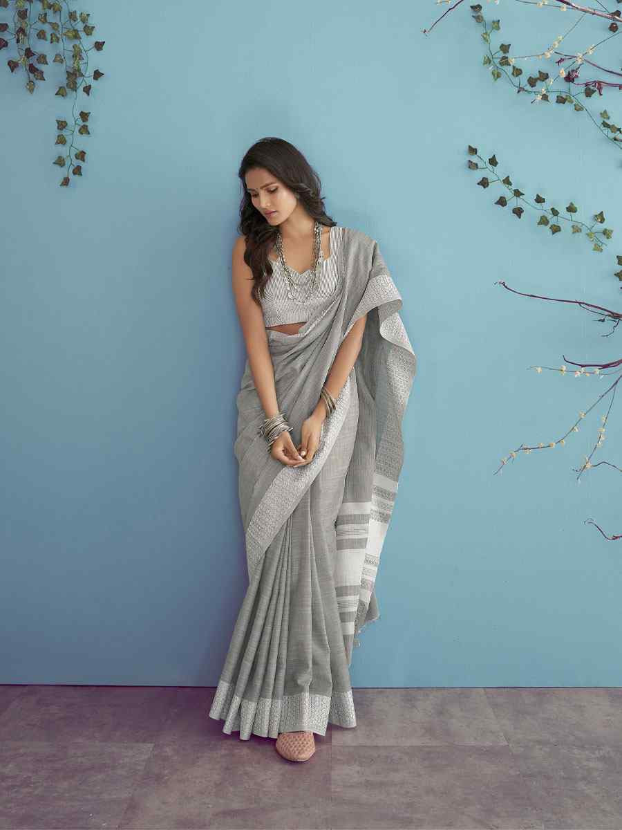 Grey Linen Silk Embroidery Festival Wedding Fancy Heavy Border Saree