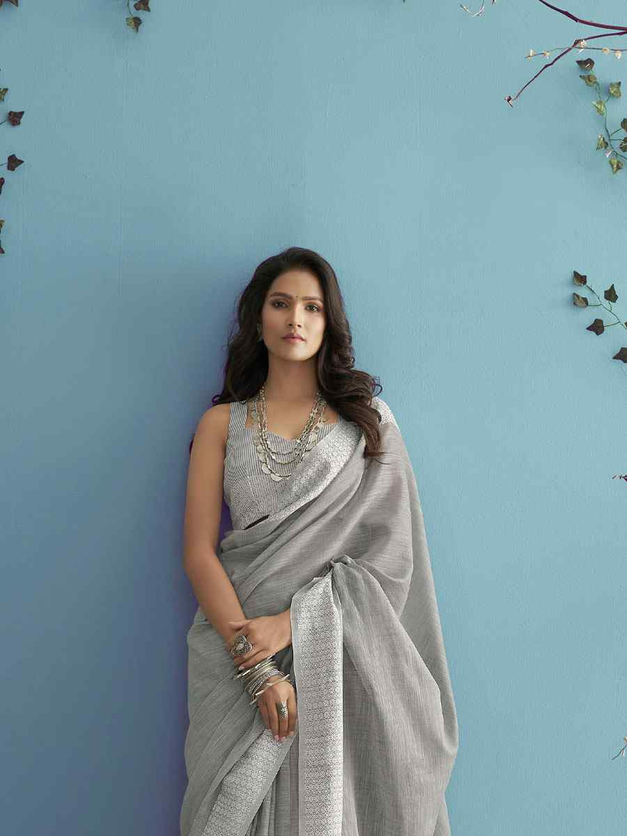 Grey Linen Silk Embroidery Festival Wedding Fancy Heavy Border Saree