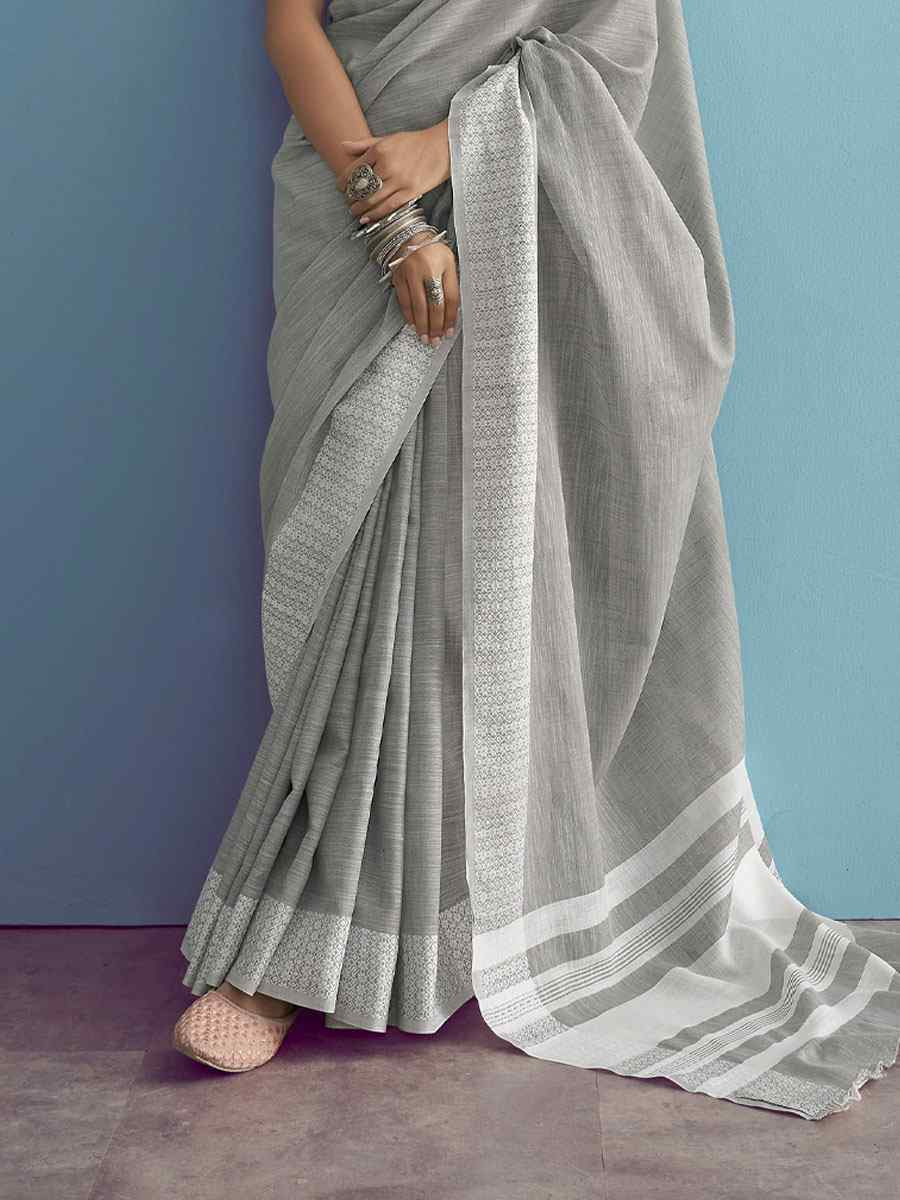 Grey Linen Silk Embroidery Festival Wedding Fancy Heavy Border Saree
