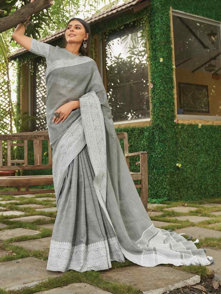 Grey Linen Zari Wedding Festival Classic Style Saree