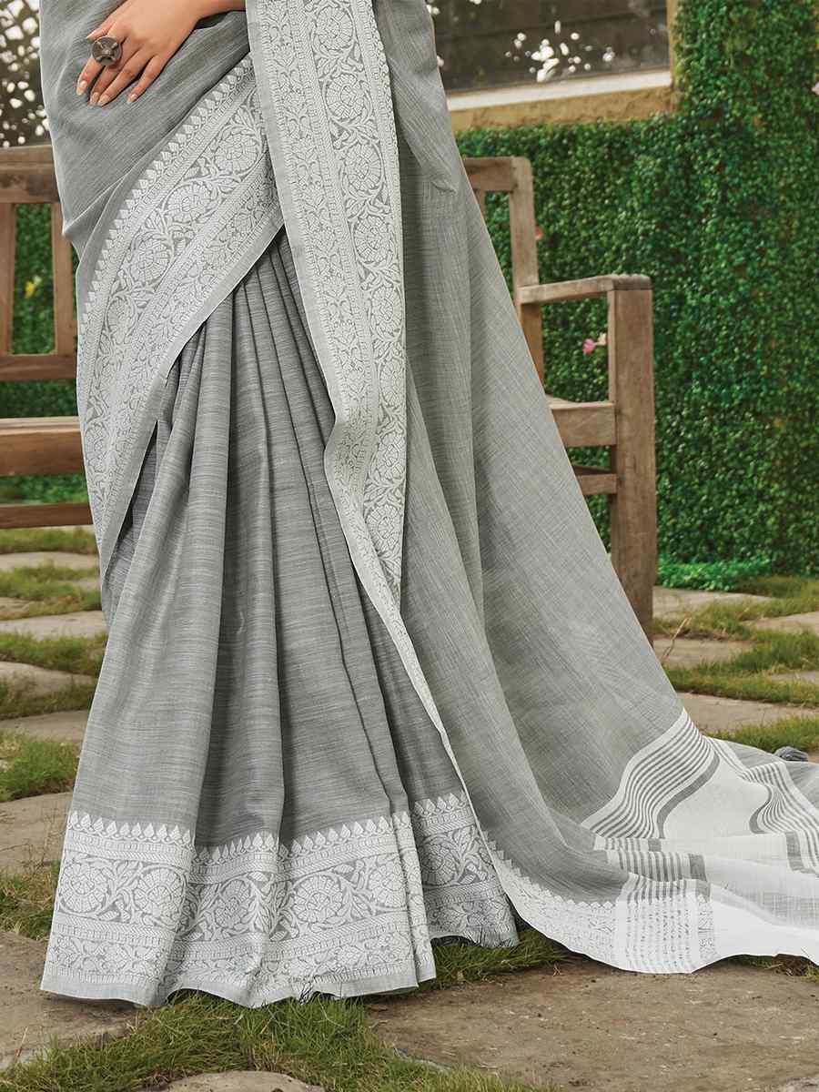 Grey Linen Zari Wedding Festival Classic Style Saree