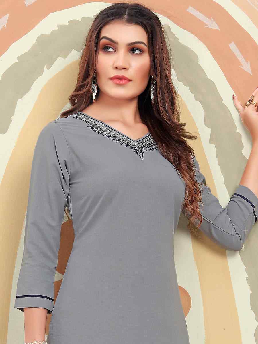 Grey Maaza Cotton Embroidered Festival Casual Kurti
