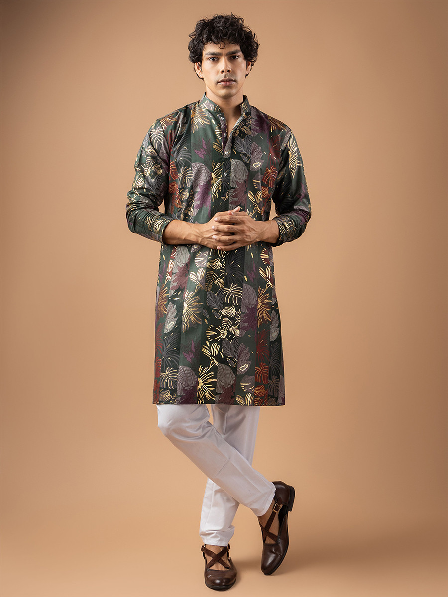 Grey Magnet Printed Wedding Festival Party Wear Casual Mens Kurta