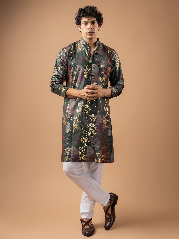 Image of Grey Magnet Printed Wedding Festival Party Wear Casual Mens Kurta